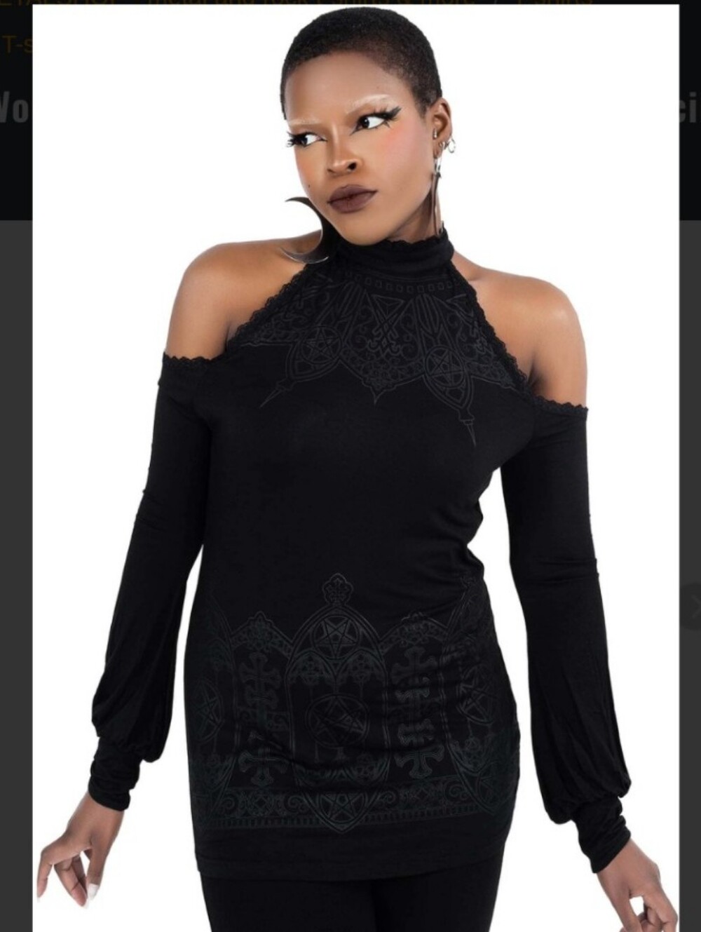 Cecila Cold Shoulder Top Black Long Sleeve Halter Neck Cathedral Design Occult